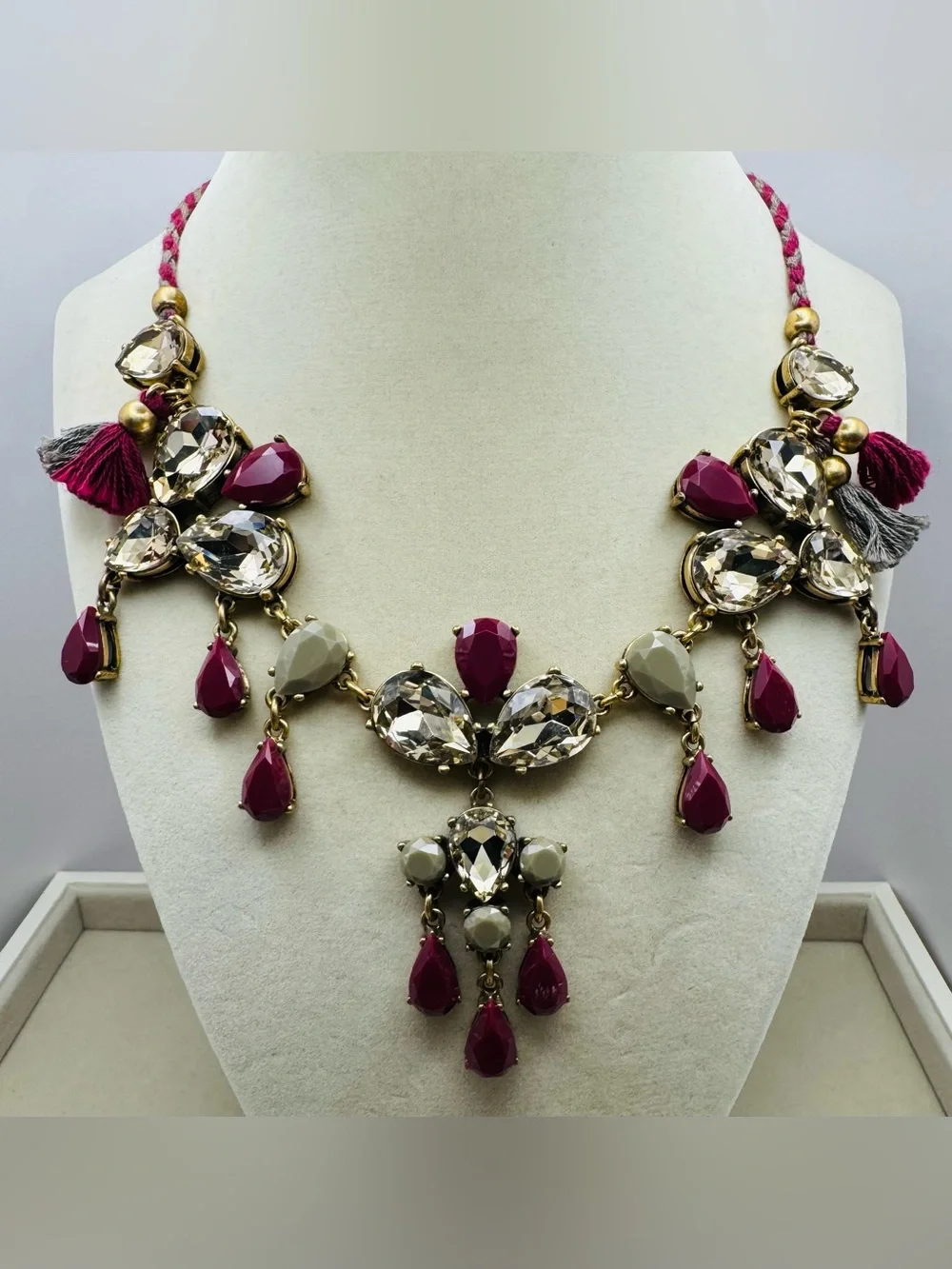 J. Crew Plum and Champagne Crystal Statement Necklace with Tassels